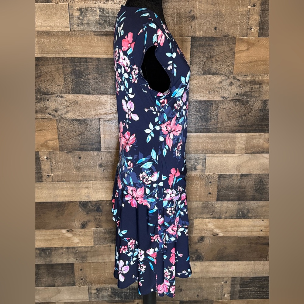 Robbie Bee Women's Navy Blue Pink Floral V Neck Dress Ruffled Size L AB 531 - Picture 4 of 7